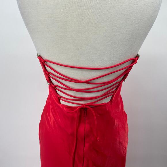 Vintage 90s Maxi Gown Strapless Corset Lace Up Open Back Iridescent Red Womens S - Picture 10 of 14